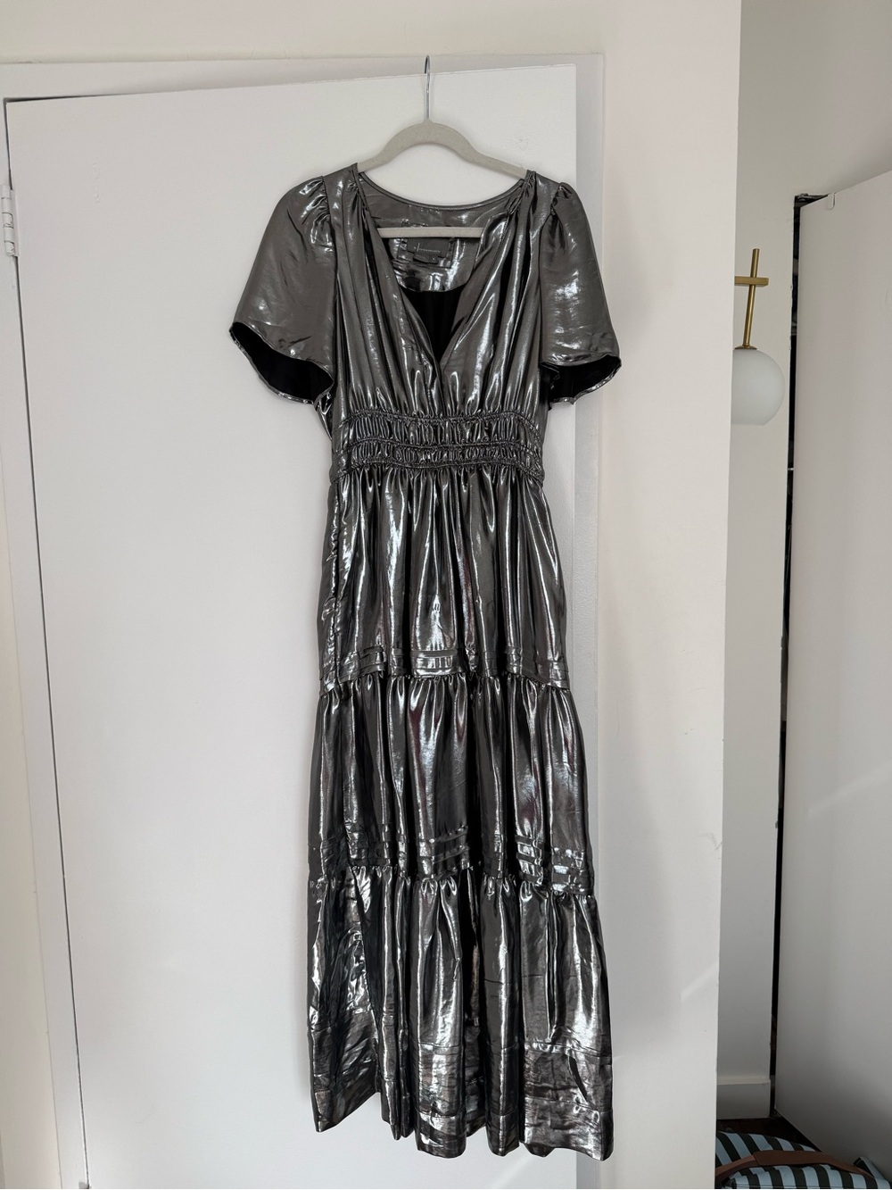 Anthropologie Metallic Silver Maxi Dress